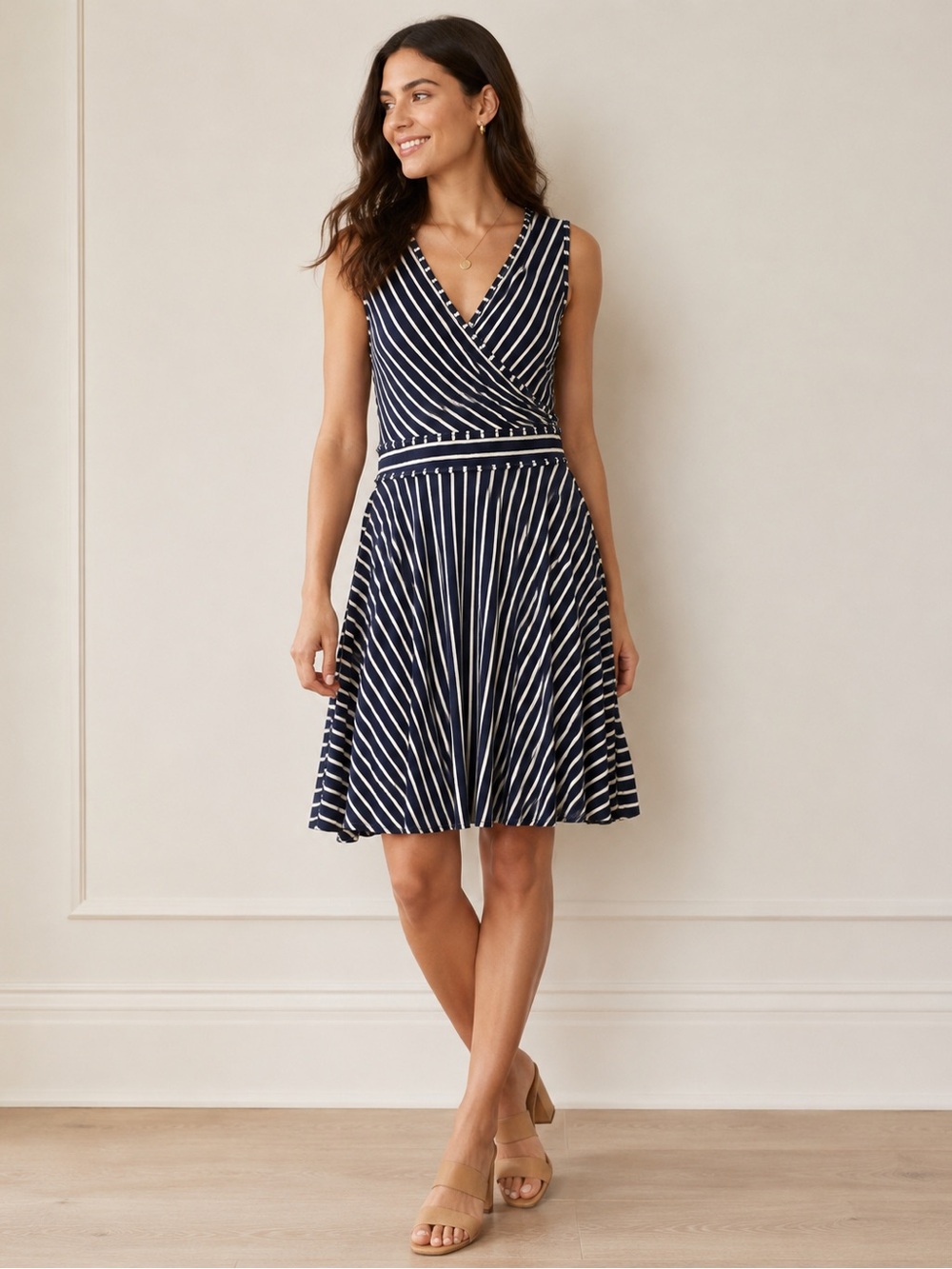 Max Studio Navy and White Striped Sleeveless Fit-and-Flare Dress